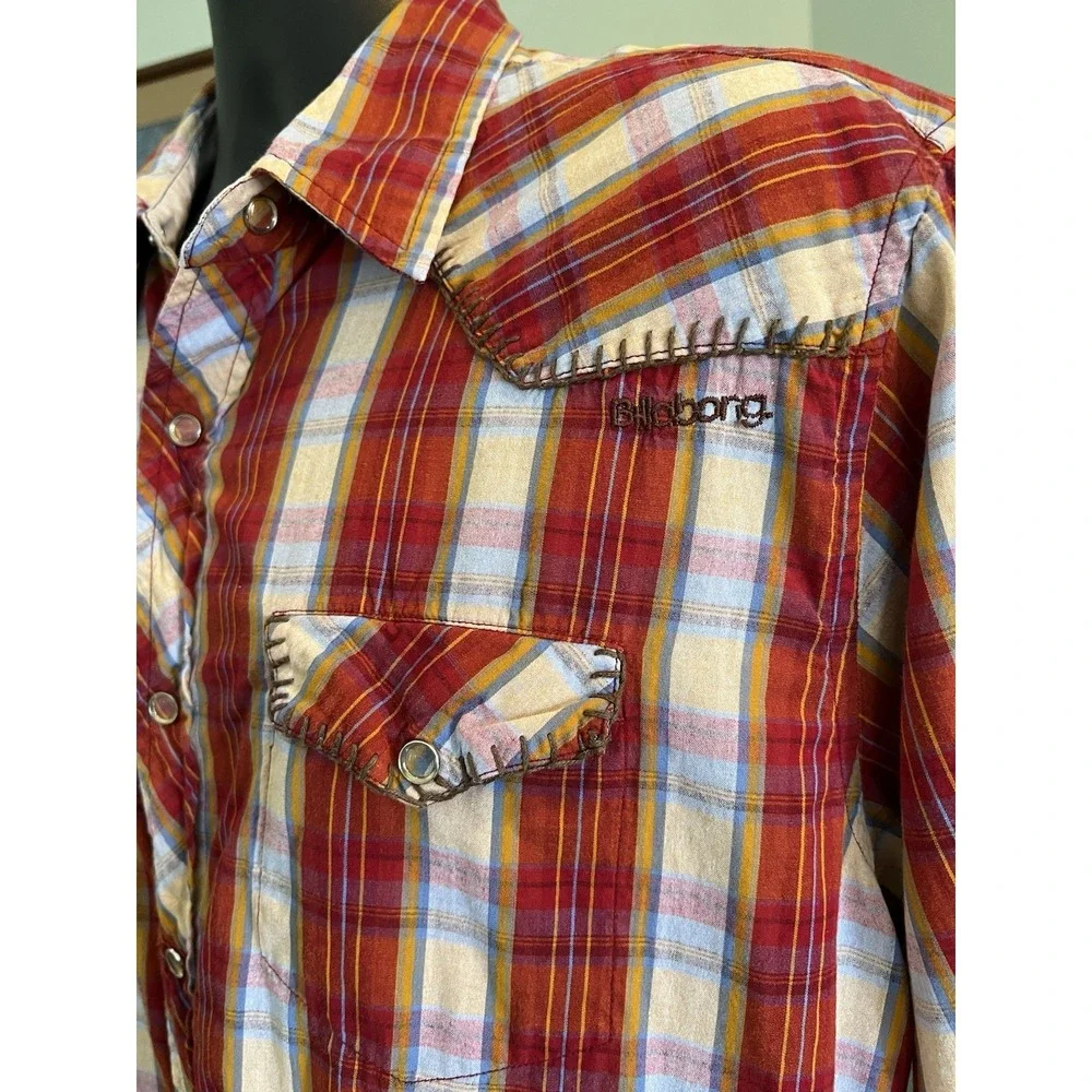 Billabong Unisex Kids XL Multicolor Plaid Short Sleeve Western Snap Button Shirt